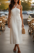 Forever 21 White Halter Neck Midi Dress Women’s Size Medium Linen Blend