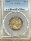 ⭐️1909 PCGS MS-63!!! $5 Indian Head Gold Half Eagle!!  Beautiful!!!