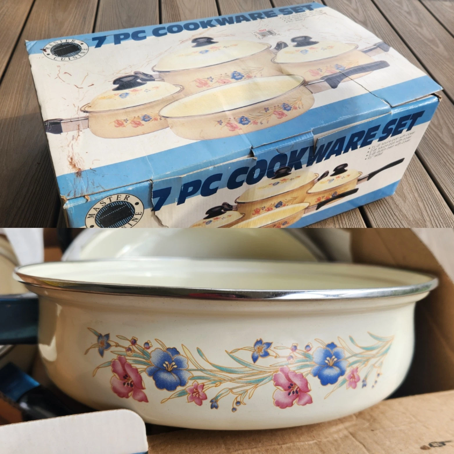 NEW Vintage 7 Piece Floral Porcelain Enamel Cookware Pots Pans Set NIB