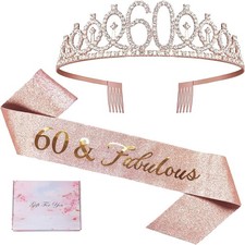 60th Birthday Sash and Tiara for Women, Rose Gold Decoration...