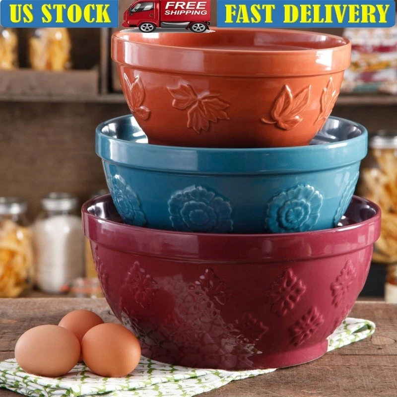 Mixing Bowl Set 3-Piece Nesting Dishwasher Microwave Safe Embossed Kitchen Decor