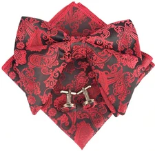 Mens Pre-Tied Paisley Bowtie Oversized Tuxedo Bow Tie Hankie Cufflinks Set Red