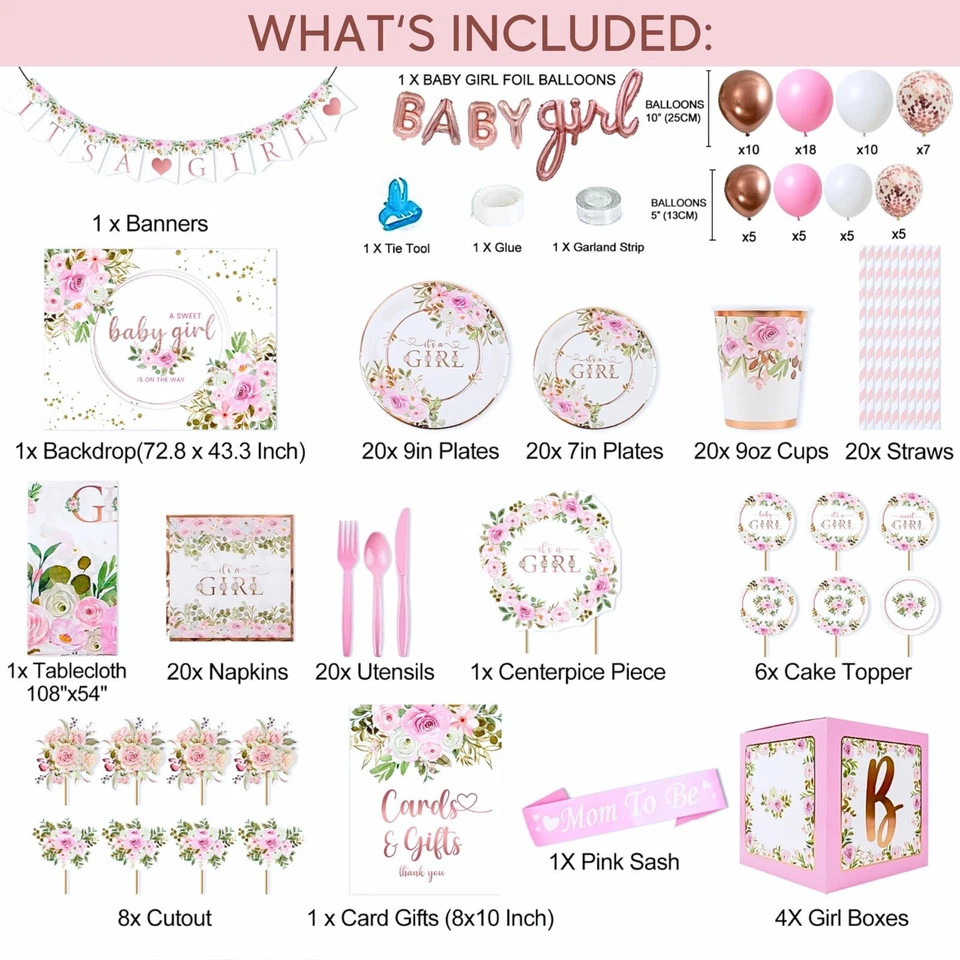 MEGA 254 piezas decoraciones florales de baby shower para niña | Guirnalda de globos rosas K... Foto 2 de 4