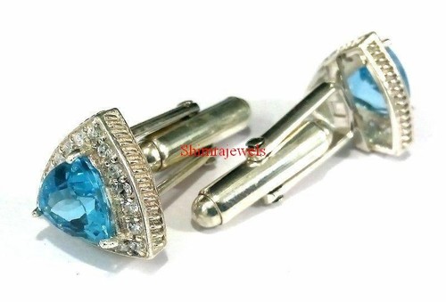 Natural Blue Topaz & Moissanite With 18K White Gold Plated Silver Cufflinks #121 - Picture 8 of 12