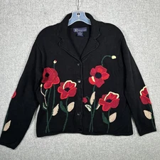 Vtg Main Line Eagles Eye Womens Medium Black Floral Embroidered Sweater Cardigan