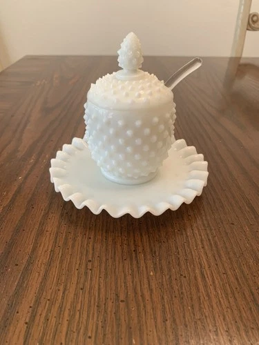 Vintage Fenton Hobnail White Milk Glass Jam Jelly Jar W/ Spoon Lid & Under Plate