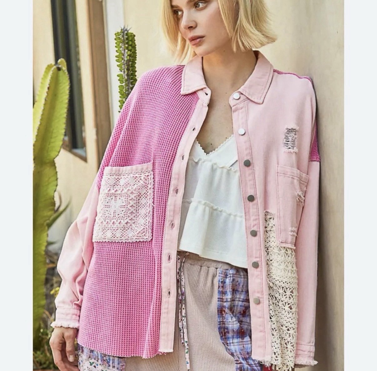 POL Pink Patchwork Distressed Shacket Grunge Croc… - image 1