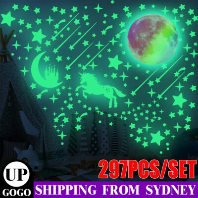 297pcs Glow In The Dark Rainbow Moon Stars Unicorn Wall Sticker Kids Room Decor - image 1 of 4