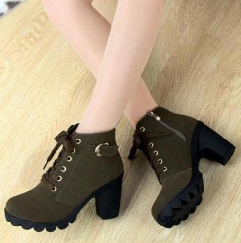 Womens High Block Chunky Heel Boots Wedge Lace Up Platform Ankle Shoes Fashion - Picture 11 of 19