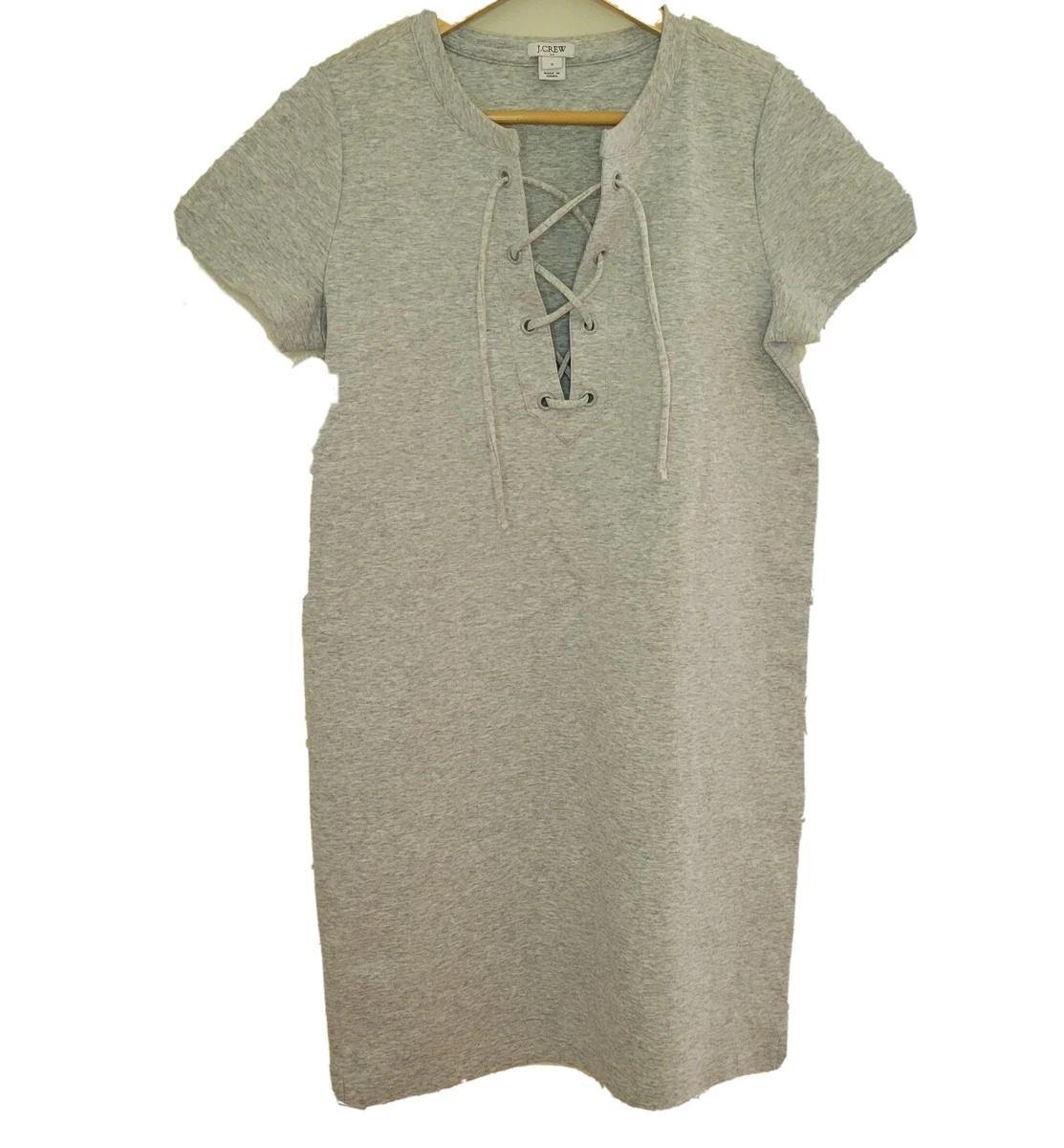 J Crew Gray Casual Sweatshirt Dress Lace Up Neck and Short Sleeve