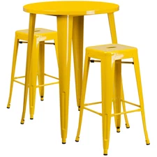 30'' Round Yellow Metal Indoor-Outdoor Restaurant Bar Table Set w/2 Barstools