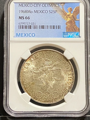 1968 Mo Mexico 25 Pesos NGC MS66 Silver Mexico City Olympic NICE TONING
