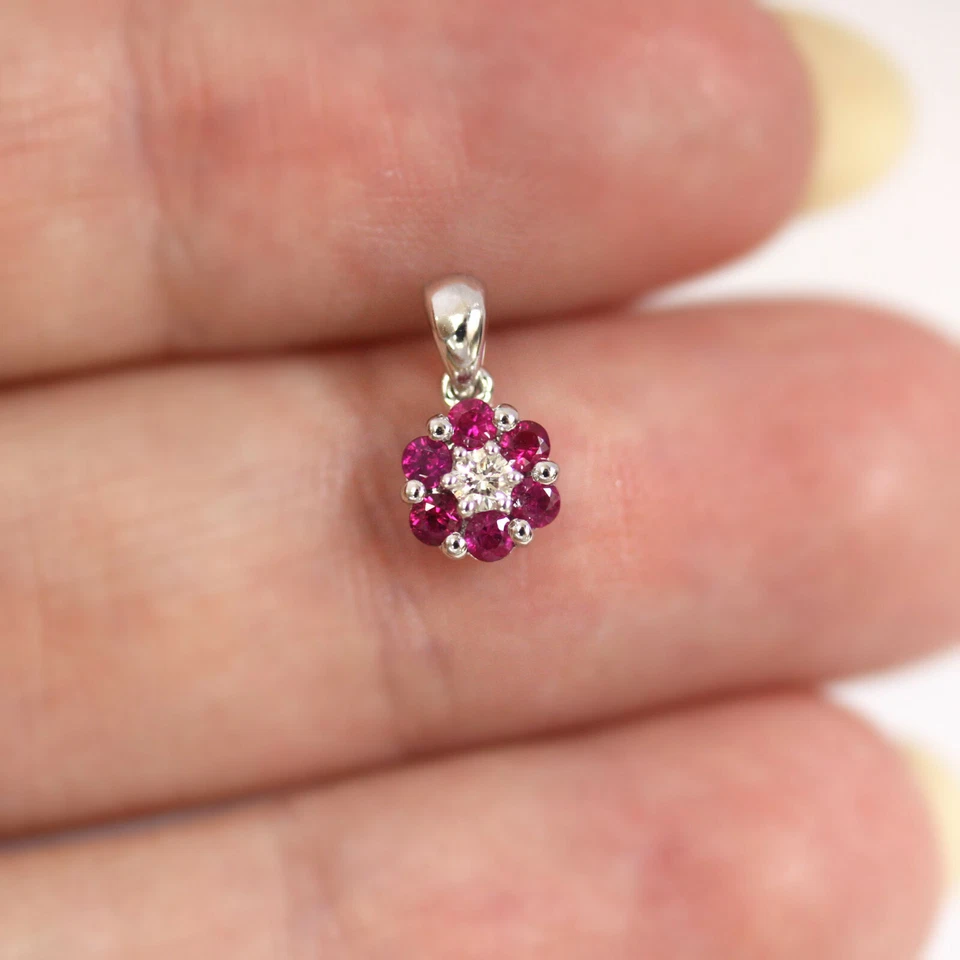 Colgante Flor Oro Blanco 14k Sólido Rubí Rojo Natural y Diamante 0.45" L Foto 2 de 3