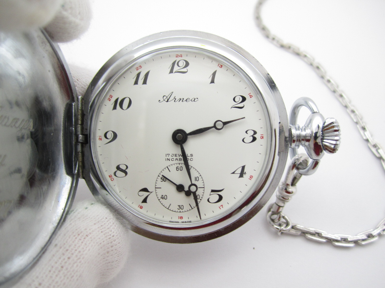 Vtg Arnex 17 Jewel Incabloc Hand Wind Analog 37mm Hunter Pocket Watch (H171) image 4