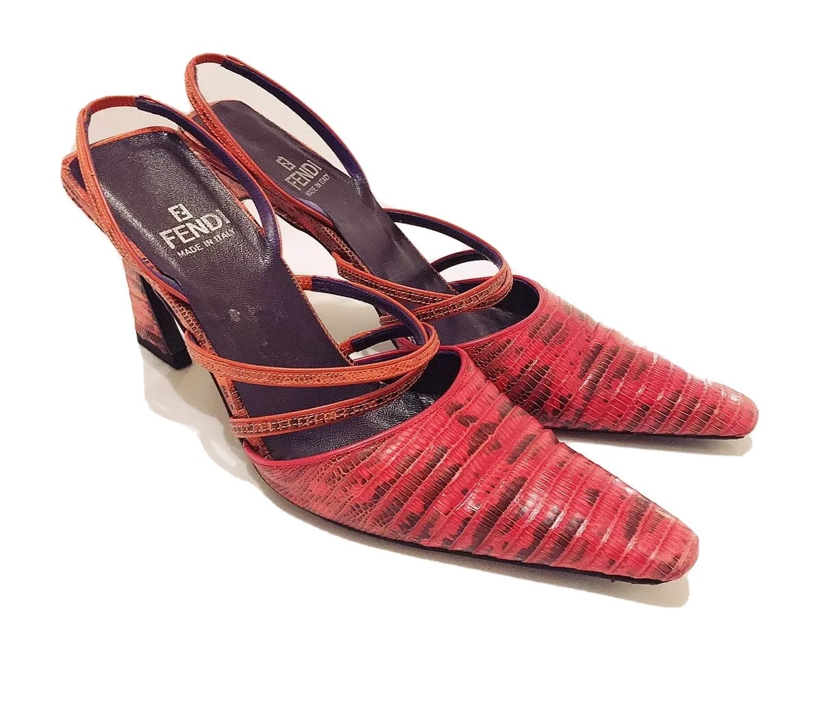 FENDI Red Black Snakeskin Python Leather Strappy High Heel
