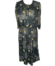 Vintage Midi Dress 14 Gray Floral Paisley 3/4 Sleeve Pockets Shoulder Pads 