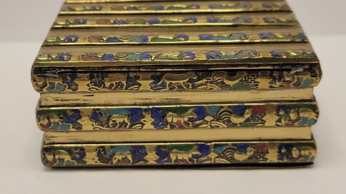 ANTIQUE CHINESE OX Dog BRASS CLOISONNE ENAMEL BOX Low Relief Jewelry cigarette - Picture 9 of 18