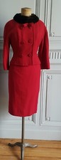 Authentique Tailleur Vintage 1950 50's rouge en laine col fourrure Taille XS