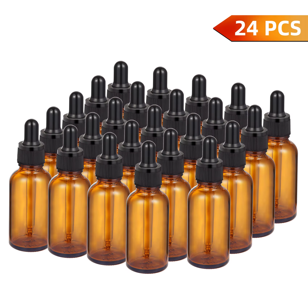 24 Pcs Amber Glass Dropper Bottles, 30ml Essential Oil Bottles with Leak-Proof D