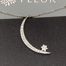 Cresent Moon & Star Necklace Fleur Silver-tone $50 NEW CZ Clear crystals 18" L