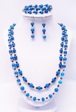 2 Strand Turquoise  Black Glass Bead Necklace/Bracelet/Earrings Set