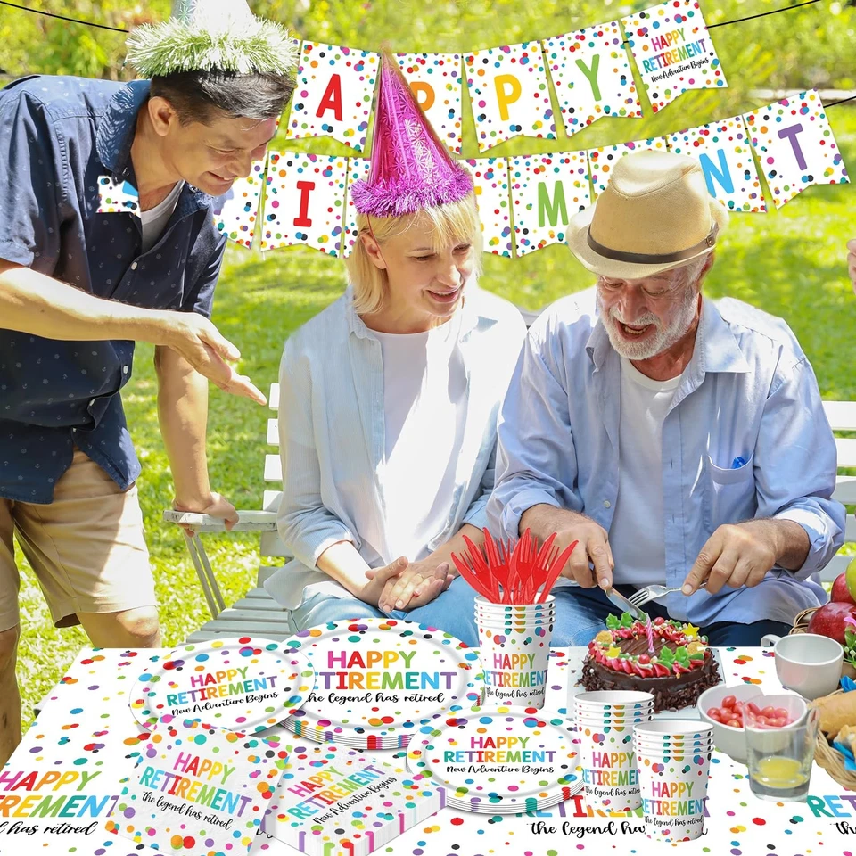 Decoraciones para fiestas de jubilación, 142 piezas juegos de platos y servilletas de jubilación mesa... Foto 2 de 4