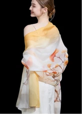100% Silk Scarf Women neckerchief large Shawl Wrap Floral beige yellow HD118-9