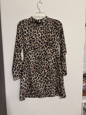 Zara Leopard Print Long Sleeve Mock Neck Knit Short Dress Size S