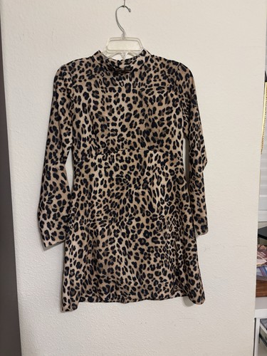 Zara Leopard Print Long Sleeve Mock Neck Knit Short Dress Size S