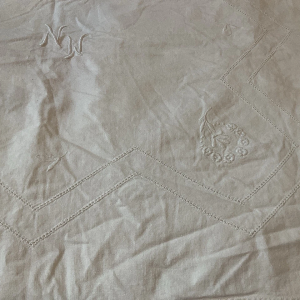 Delicate Intricate  Vintage French Hand Embroidered  Linen Sham 28x27 Mono MNNW - Image 3 of 4
