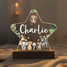 Personalised Safari Animal Star LED Lamp, Kids Night Light, Nursery Bedroom Gift