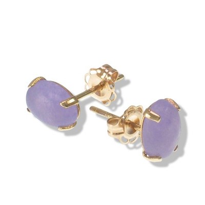 14K Yellow Gold Oval Lavender Jade Cabochon Stud Earrings