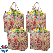 BeeGreen 4 Pack Flower Reusable Grocery Bags with Hard Bottom - Heavy Duty Fo