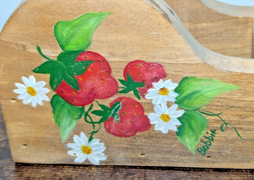 Dispenser nastro legno dipinto a mano fragola margherita decorazione casale firmato vintage - Foto 6 di 6