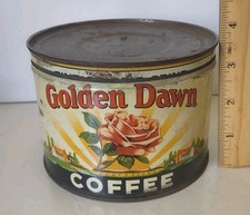 Golden Dawn Sharon PA Coffee Tin Rose Graphics Vintage Advertising Can Key Wind