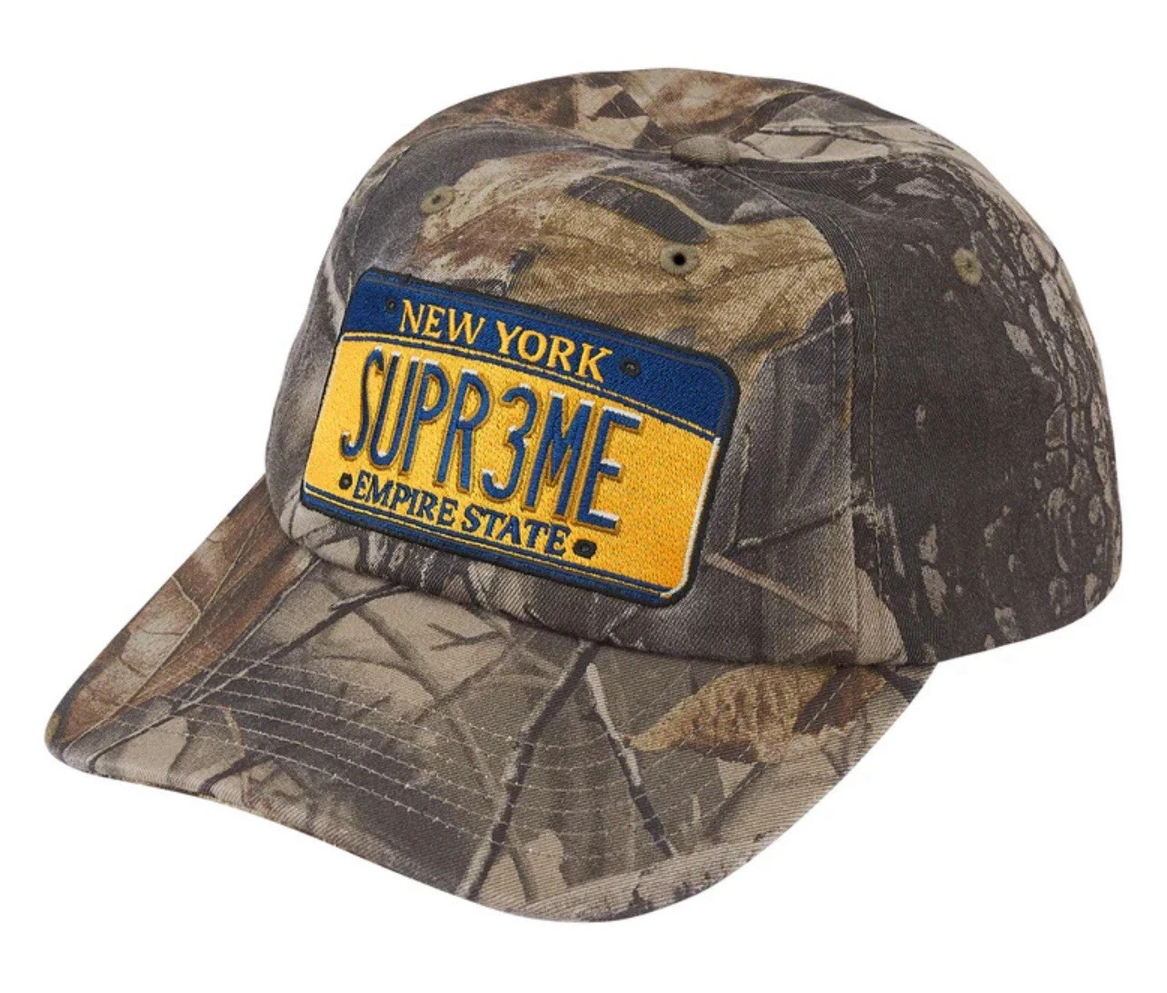 Chapeau camouflage Supreme plaque d'immatriculation 6 panneaux Realtree Hardwoods SS25 NEUF à la main