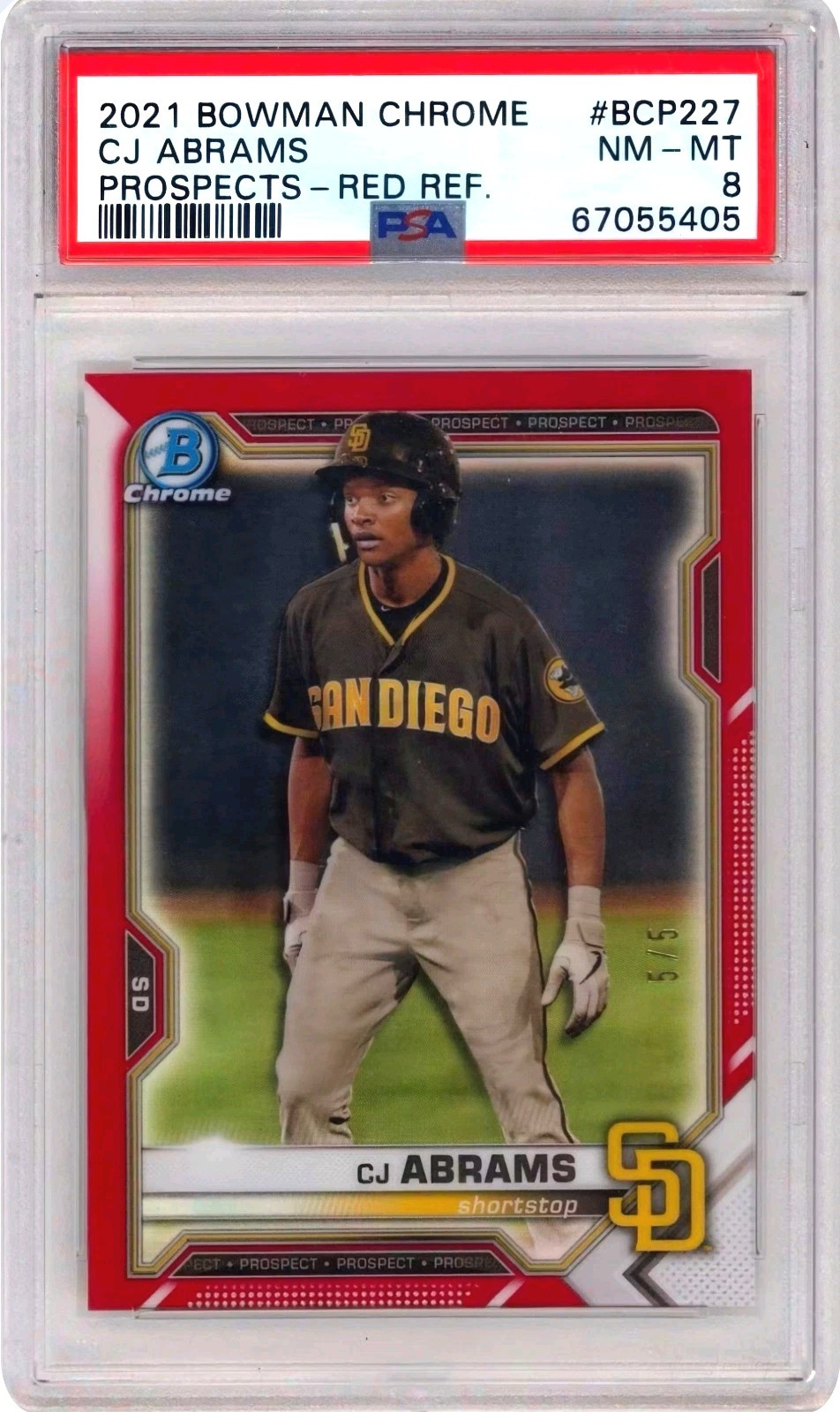 C.J Abrams 2021 Bowman Chrome Prospects Red Refractor 5/5 SSP PSA 8 Bookend