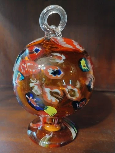 VTG Venetian Amber Glass Murano Style Globe Footed Hanging Witch Ball Swirl