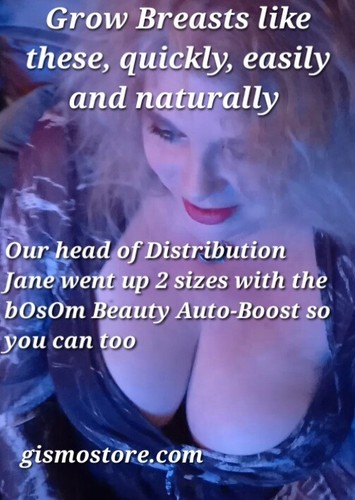 Blue-toned image with white text advertising quick breast growth using bOSOm Beauty Auto-Boost, linking to gismostore.com.