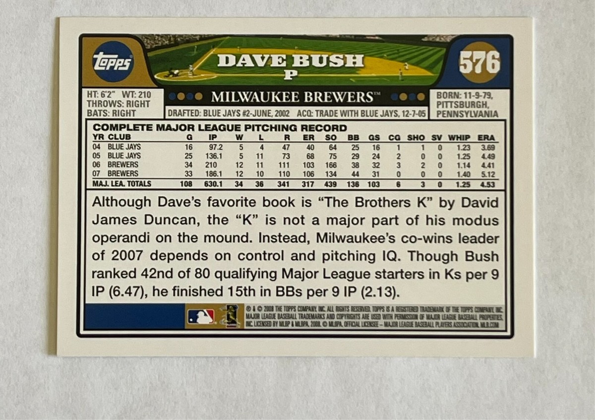 スポーツ選手 baseball card 2008 TOPPS DAVE BUSH #576 PITCHER MILWAUKEE BREWERS BASEBALL CARD