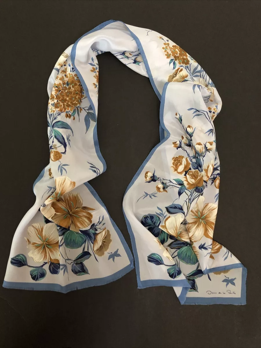VTG Woman’s Oscar De La Renta 100% Silk Scarf (10”x48”) Blues/Gold Floral Japan VTG Woman’s Oscar De La Renta 100% Silk Scarf (10”x48”) Blues/Gold Floral Japan
