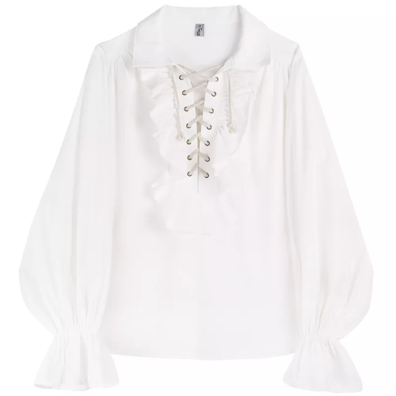 Men Lace Up Ruffle Shirt Tops Gothic Blouse Flare Sleeve Victorian Vintage Look