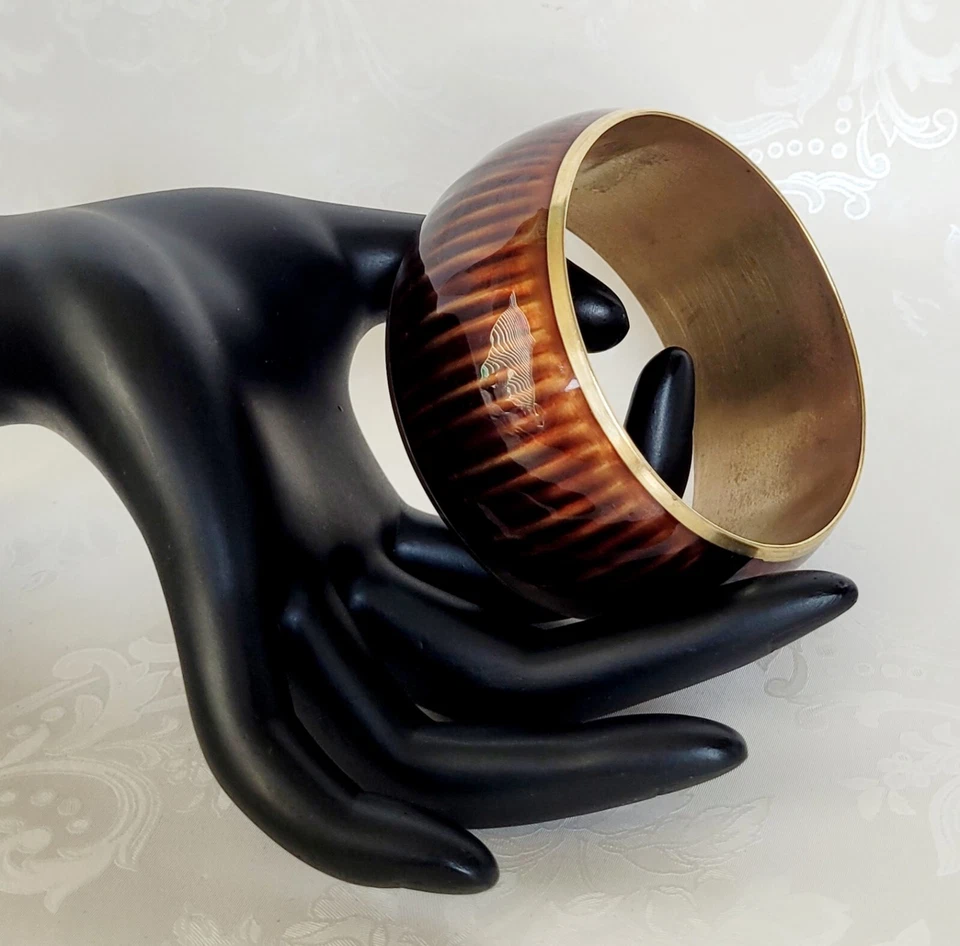 Brazalete Brazalete Joyería De Colección Años 80 Ancho Marrón Brillante Cúpula Hueco Declaración Latón Foto 4 de 4