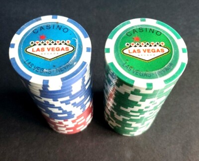 Poker Chips Las Vegas Nevada Casino Souvenir ~ 50 Cnt - 25 Green 15 Blue 10 Red