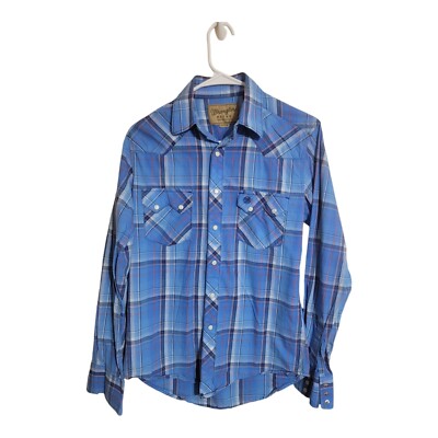 Wrangler Shirt Men Blue Retro Western Plaid Pearl Snap Cowboy Rancher Western 