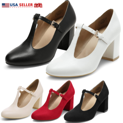#ad Women Chunky Block Heel Pumps Mary Jane T strap Wedding Dress Pump Shoes US Size $27.99
