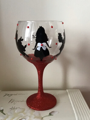 Personalisiert, Alice im Wunderland, Verrückter Hutmacher, weißer Hase, Glitzer, Gin Glas.