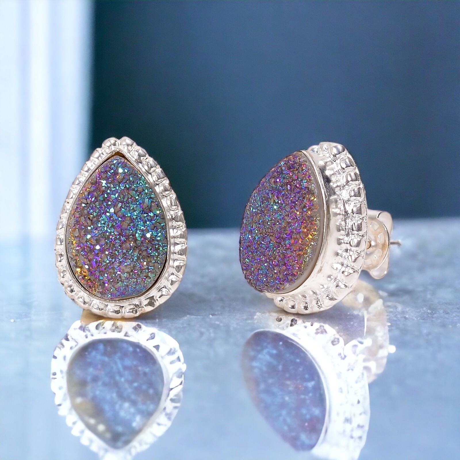 925 Silver Titanium Druzy Gemstone Stud Earrings Gift for Her Dainty Design