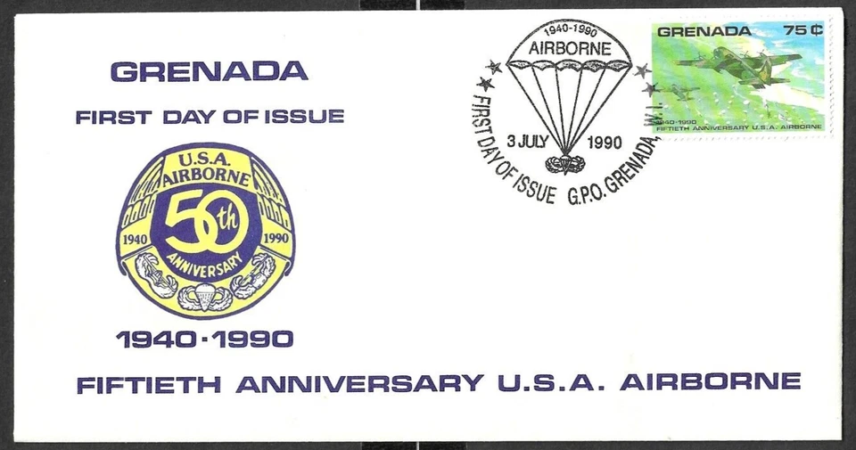GRENADA - 3 x FIRST DAY COVERS - 50th ANNIV U.S.A. AIRBORNE 1940-1990 - 3/7/1990 - Image 3 of 3