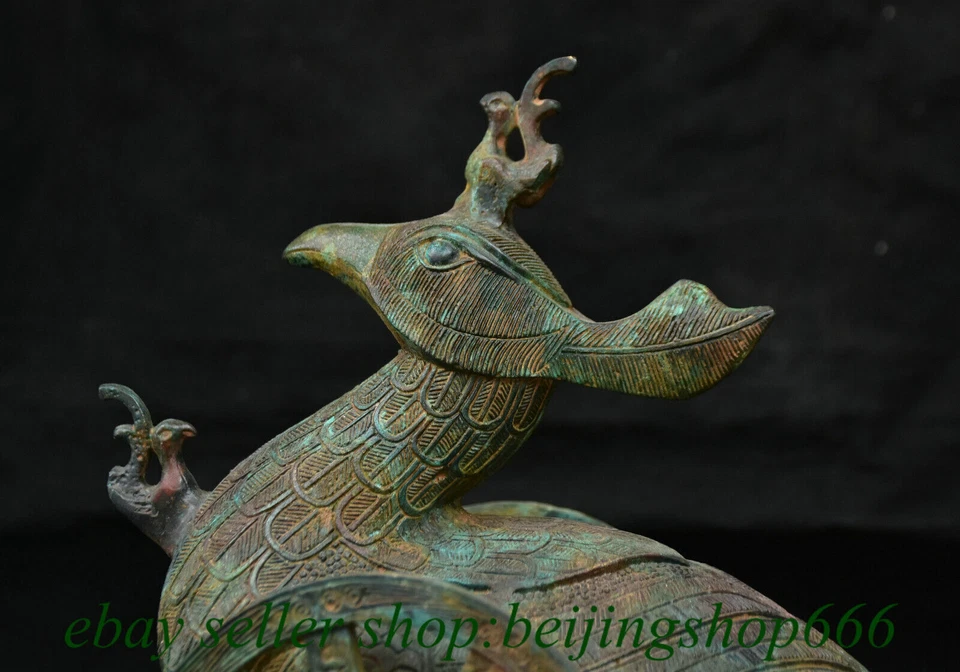 Estatua de vehículo de pájaro fénix dinastía de bronce chino antiguo de 16,4" Foto 2 de 4
